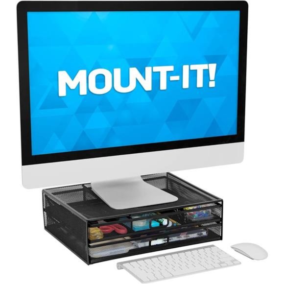 Computer Monitor Stand With Drawers, Metal Mesh Riser and Organizer for Laptops - Picture 6 of 6